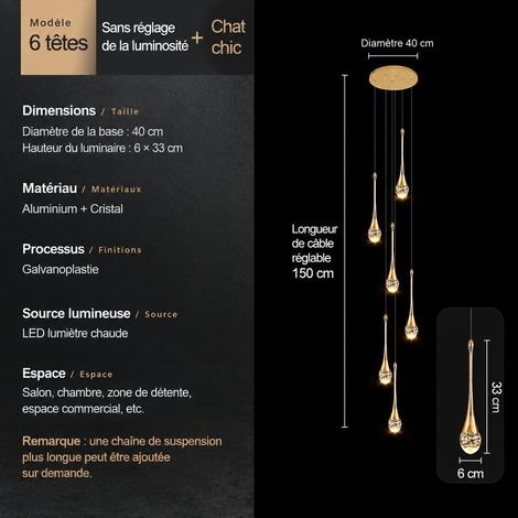 Lustre suspension cristal design taille fine 6 têtes, modèle spirale, gradation continue, escalier duplex salon, hauteur réglable 180 cm, 1 kg – Livraison gratuite