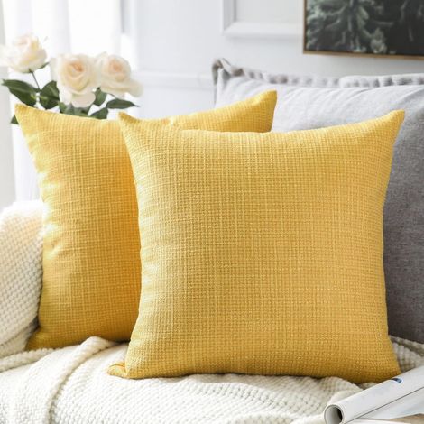 Lot de 2 housses de coussin en lin, 45x45 cm, jaune uni pour canapé et décoration intérieure. (1/5)