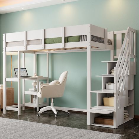 Lit mezzanine 90/200 cm blanc en bois avec escalier de rangement et étagère intégrée (1/4)