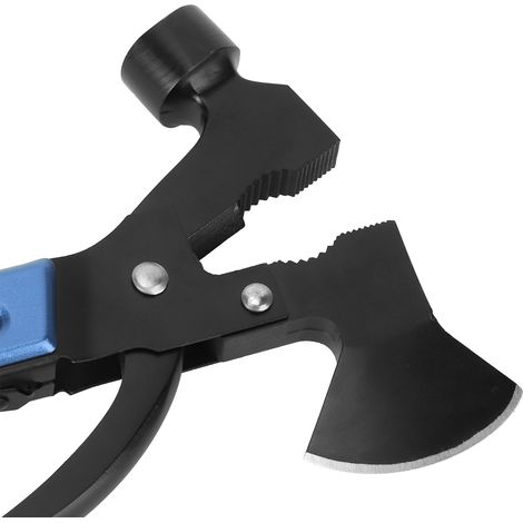 Hache-marteau multifonction 15 en 1 pour le camping et la survie : tournevis, pince, ouvre-bouteille (bleu) (1/5)