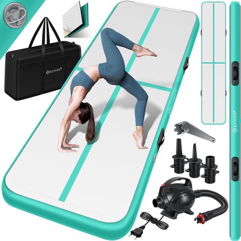 KESSER® Tappeto da ginnastica gonfiabile airtrack fitness mat 3/4/5/6m  incl. borsa per il trasporto e pompa d'aria elettrica  tappetino yoga  tappetino tumbling  500 x 100 x 10 cm / verde menta