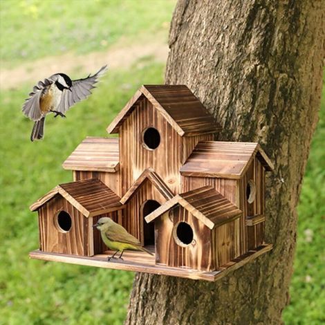 Bardusch - Casetta per uccelli in legno naturale da appendere all'esterno, 6 fori, realizzata a mano (1/4)