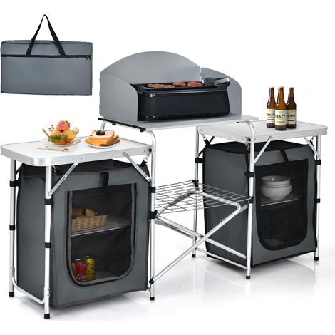 GOPLUS Cuisine Camping Exterieur,Table Placard Pliable de Camping avec Sac de Transport, Pliante avec Étagère de Rangement, Pare-Vent, Station de Cuisson Portable pour Barbecue (1/5)