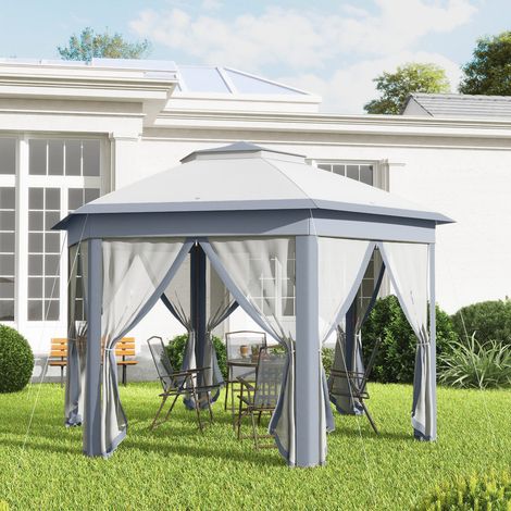 Pavillon de jardin pliable, tente pop-up 4x4 m, tente de réception avec sac de transport et 6 panneaux latéraux, double toit, hexagonale (1/5)