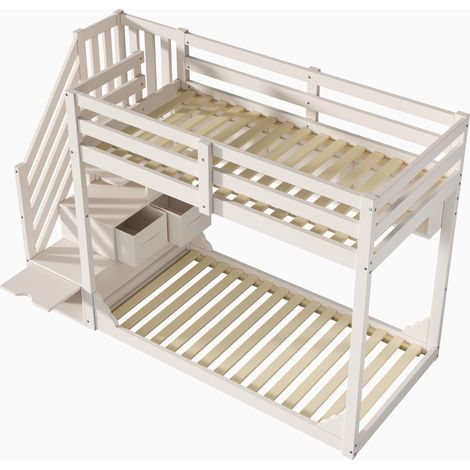 Letto a castello per bambini 90x200 cm bianco in legno con scala contenitore e scaffali MODENUIT (1/5)
