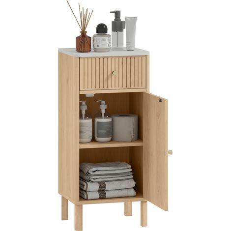 Homcom – Meuble bas de salle de bain avec tiroir et étagère réglable – Plateau effet marbre – Dimensions 36 x 30 x 80 cm – Chêne MDF