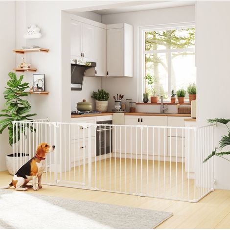 Parque para perro plegable de 6 paneles con puerta, acero al carbono y plástico, blanco OKMYHOME (1/5)
