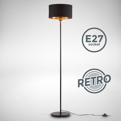 B.K.Licht I lámpara de pie de tela negro-oro I E27 I 1 llama I pantalla de tela 30 cm I cable de 140 cm con interruptor de pie I sin bombilla (1/5)
