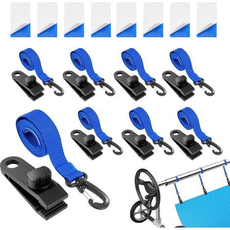 Bleu Lot de 8 Sangles de Maintien et Pinces pour Enrouleur Bâches Piscine, Accessoires Enrouleur de Couverture Solaire Jeu de Roues de Parasol Sangles de Serrage de Couverture de Piscine (1/5)