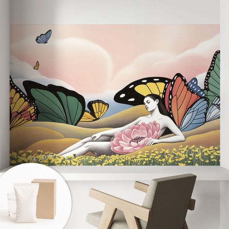 Papier peint intissé classique moderne pour salon et chambre à coucher Décoration rapide avec colle Prairie aux papillons 104x70 cm (1/5)