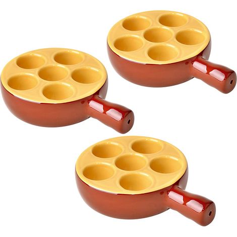 Lot de 3 poêlons à escargots 6 Trous en porcelaine plat cuisson pour escargots avec poignée ,passe au four et lave-vaisselle - 12 x 3,5 cm (1/4)