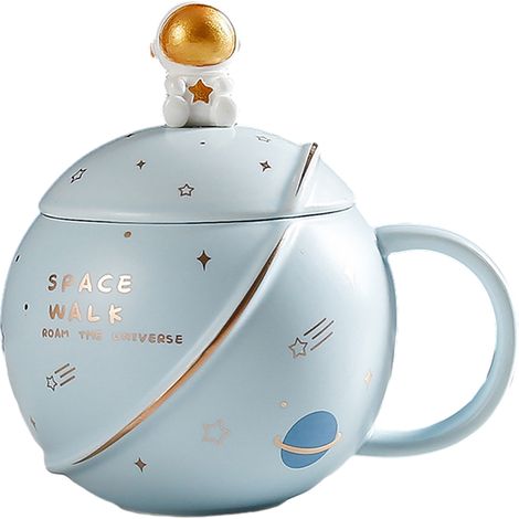 Encantadora taza de astronauta, taza de cerámica con tapa y cuchara, taza de café original, para chocolate caliente, leche, regalo de Navidad y cumpleaños, 400 ml...