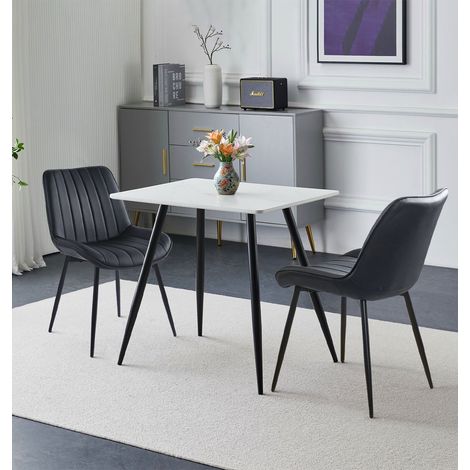 Hallowood Furniture Cullompton Small Dining Table and Chairs Set 2, (0.8m) White Marble Effect Kitchen Table and Chairs in Black Bonded Leather with Metal Legs, Dining Room Sets for Home & Café (1/5)