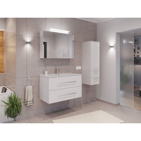 Badmöbel Set Firenze 90 3tlg. Spiegelschrank und Seitenschrank weiß hochglanz
