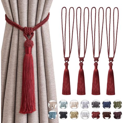 Lot de 4 embrasses longues à pompons, corde tressée main, nœuds européens, rouge vin. (1/5)