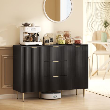 Mueble de cocina con 3 cajones, estantes ajustables, puertas acanaladas, 120 x 40 x 90 cm, negro. (1/5)