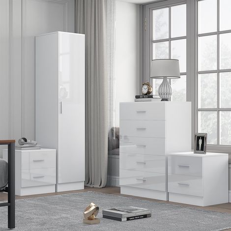 Reflect 1 Door Plain Wardrobe, 5 Drawer Chest, 2x 2 Drawer Bedsides - White Gloss & Matt White - Modern Bedroom Furniture Set
