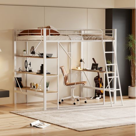 MEUBLIV Letto a soppalco 90x200 cm bianco con scrivania e 3 mensole, senza materasso (1/5)