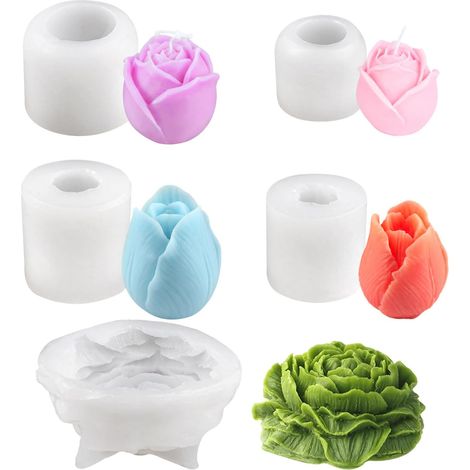 5 Pièces Moule Bougie Silicone, 3D Moule Bougie Fleur,Forme Tulipe, Pivoine pour Fabrication de Savon, Bougies, Gâteaux, Bonbons, Pâtisserie, Dessert, Chocolat, DIY Superbe Cadeau Fait à la Main (1/5)