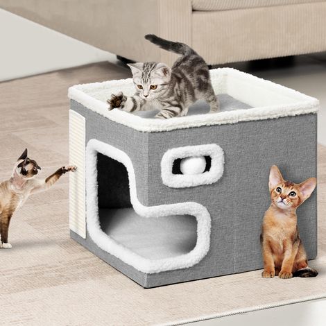 Cuccia Casa per Gatti Grigio Tiragraffi Casetta Animali Domestici 42x42x33 cm (1/5)