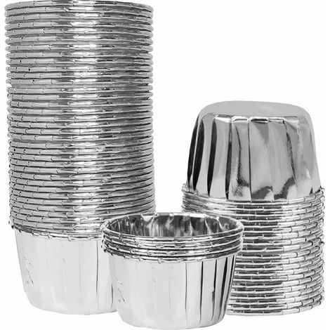 Lot de 50 caissettes à cupcakes doublées d'aluminium Mini caissettes à cupcakes Caisse à muffins Métalliques Moules à gâteaux Emballages en papier pour mariages anniversaires fêtes (argent) (1/5)