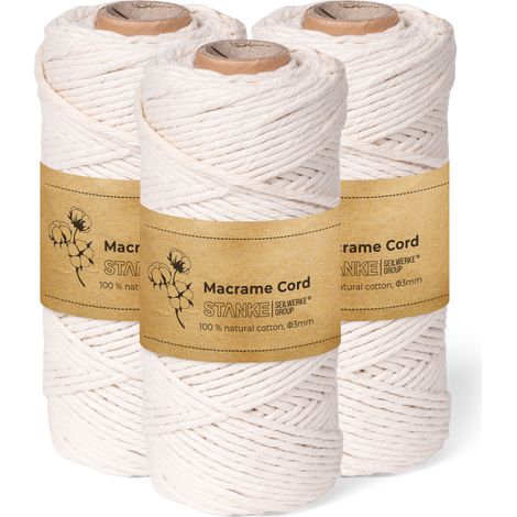 STANKE Set fil macramé 3mm 3x100 m - couleur : Naturel - fil de coton pour crochet, DIY boho, paniers, attrape-rêves - corde coton pour guirlandes, dessous de verre, sacs - 100% cotton, torsadé, doux
