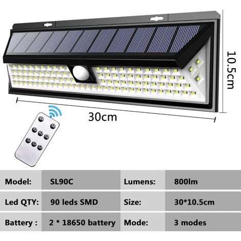 (SL90C) Lampe solaire murale extérieure avec télécommande, détecteur de mouvement, éclairage public LED, batterie intégrée, étanche IP67 (1/5)