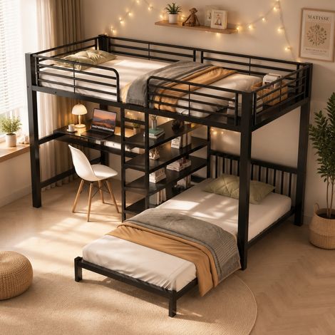 Hochbett 90x200 cm schwarz aus MDF und Metall mit Schreibtisch, Stauraum und EN747-Zertifizierung (1/5)