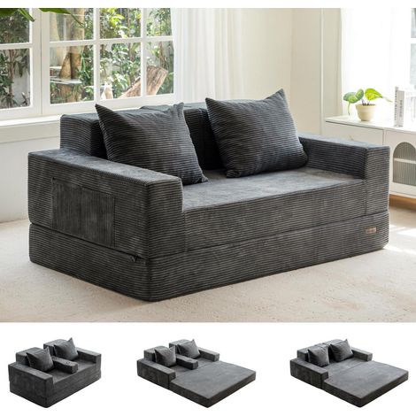 Canapé convertible velours côtelé 2 places avec porte-gobelets et coussins gris foncé (1/5)
