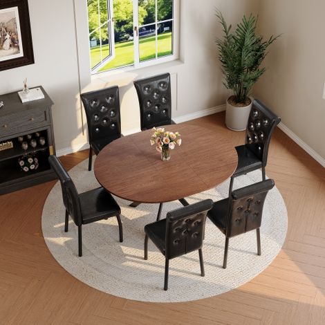 Ensemble de salle à manger avec table ronde extensible en bois et 6 chaises noires, ensemble de cuisine gain de place en similicuir capitonné et pieds en métal pour salle à manger et cuisine
