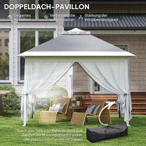 Pergola pliante extérieur, toile en métal et tissu, rideaux en voile, orifices d'évacuation, 330x330x288 cm, gris