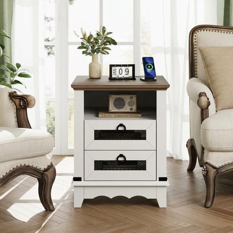 Table de chevet style campagnard moderne 2 tiroirs 2 ports USB compartiment ouvert parfait pour chambre et salon contraste marron blanc (1/5)