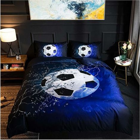 Housse de Couette 200cm x 200cm Modèle de Football - Parure de Lit en Microfibre 2 Personnes avec Fermeture Éclair, Housse Couette avec 2 Taie d'oreiller 50 x 75 cm (Bleu)