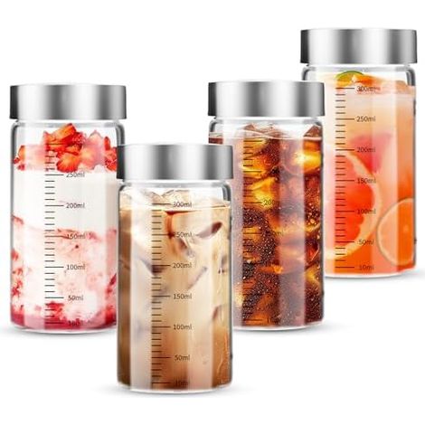 Lot de 4 Bouteilles en Verre de 300 ml avec Couvercle en Acier Inoxydable - Avec Graduation de Mesure, pour Les Jus, Les Smoothies, Le Café, Le Lait, Le thé, Les Laits Végétaux (1/5)