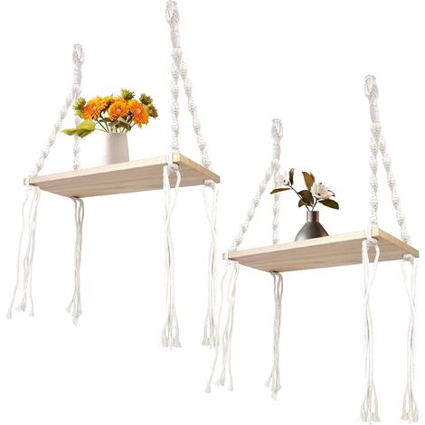 Lot de 2 Étagères Murales Suspendues en Bois, Etagere Bois Murale Bohème, Étagère Murale avec Corde Macramé, Etagères Flottantes, Murales pour Chambres, Salons, Bureau, Placards, Salle de Bain (1/5)