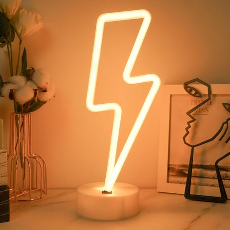 Lampes néons en forme d'éclair, veilleuse de chambre, lumières LED en forme d'éclair - Alimentées par batterie/USB avec socle (blanc)