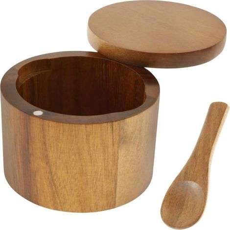 Bol à sel et poivre en bois d'acacia, salière et poivrière en bois naturel avec cuillère et couvercle magnétique rotatif, porte-sel de cuisine pour ranger sel, poivre et sucre, 3,5 x 3,5 (1/5)