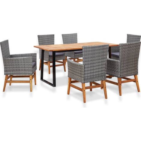 7-tlg. Garten-Essgruppe Poly Rattan und Akazienholz Grau (1/5)