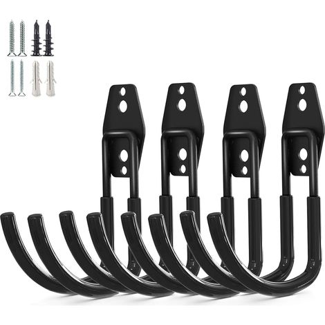 Juego de 4 ganchos de almacenamiento para garaje de alta resistencia, montaje en pared de acero, ganchos en J grandes para guardar herramientas, color negro (1/5)