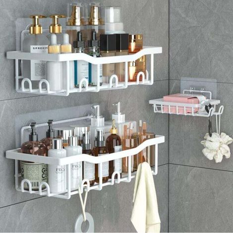 Douche sans Percage, Rangement Salle de bain Lot de 3,Etagere Salle De Bain Sans Percage Etagere De Douche Salle De Bain Accessoire (Blanc) (1/4)