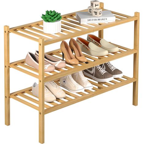 3-stöckiges Schuhregal aus Bambus für den Kleiderschrank, freistehendes Schuhregal aus Holz für den Flur, platzsparend, stapelbar, 68 x 28 x 51 cm (Naturfarbe)