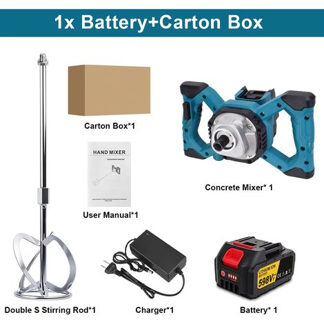 Mélangeur à béton électrique sans fil 6 vitesses, mélangeur à mortier et à plâtre, mélangeur à peinture, compatible avec batterie Makita 18V-1 Battery