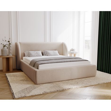 Emporius Lit rembourré 180x200 Barcelona avec rangement, tête de lit arrondie, velours, Beige (1/5)
