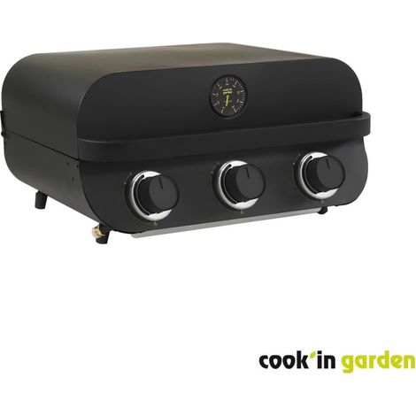 Cook'In Garden – Barbecue gaz portable 3 brûleurs inox – Allumage piezo – Capot avec thermomètre – Surface de cuisson 60x40cm