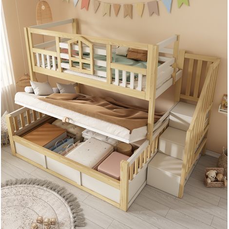 Lit superposé style cabane en bois blanc et chêne 90x200 + 140x200 cm avec fenêtres, escalier rangement et coffre hydraulique