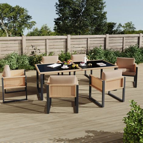 Set da pranzo da giardino in PE rattan nero e marrone con tavolo in vetro temperato e 6 sedie con cuscini sfoderabili (1/5)