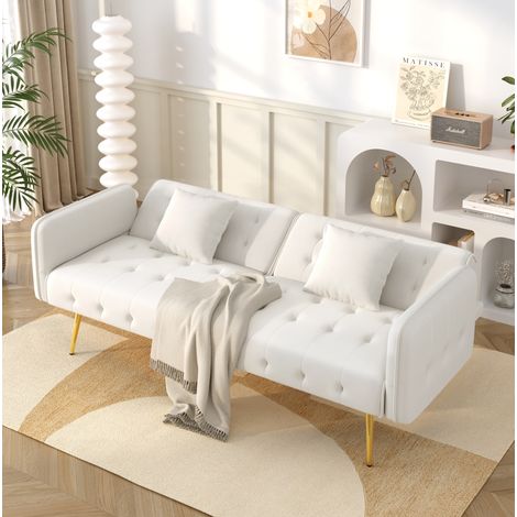 Canapé convertible 2 places velours blanc cassé OKMYHOME (1/5)