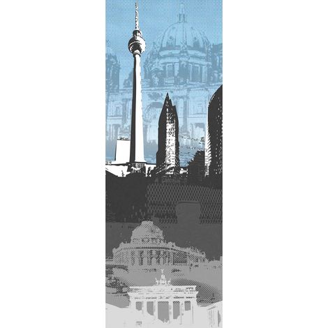 Papier peint panoramique Berlin bleu & gris | Tapisserie panoramique ville idéale salon | Papier peint panoramique urbain chambre ado - 280 x 100 cm (1 pièce) (1/2)