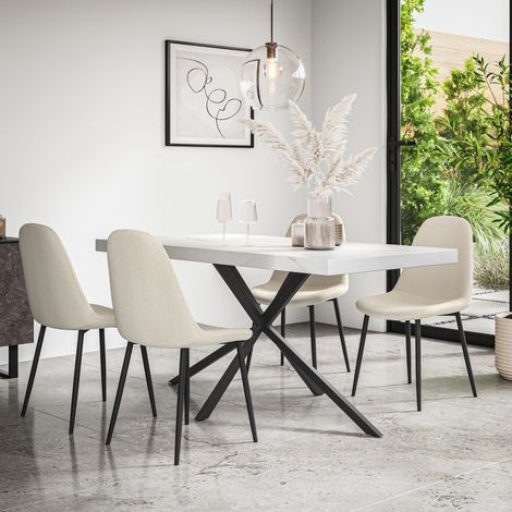 Donni Dining Table And Chairs - White Marble Effect Table Top w Black Legs + Maya Boucle Dining Chair Set Of 4 (Ivory White) (1/5)
