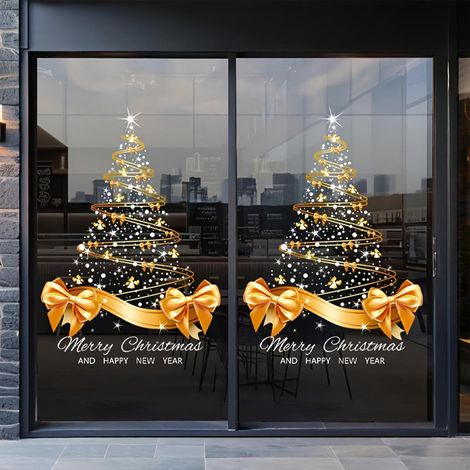 Lot de 2 grands autocollants de sapin de Noël pour fenêtre, 65 x 45 cm, autocollants dorés double face, décorations autocollantes. (1/5)